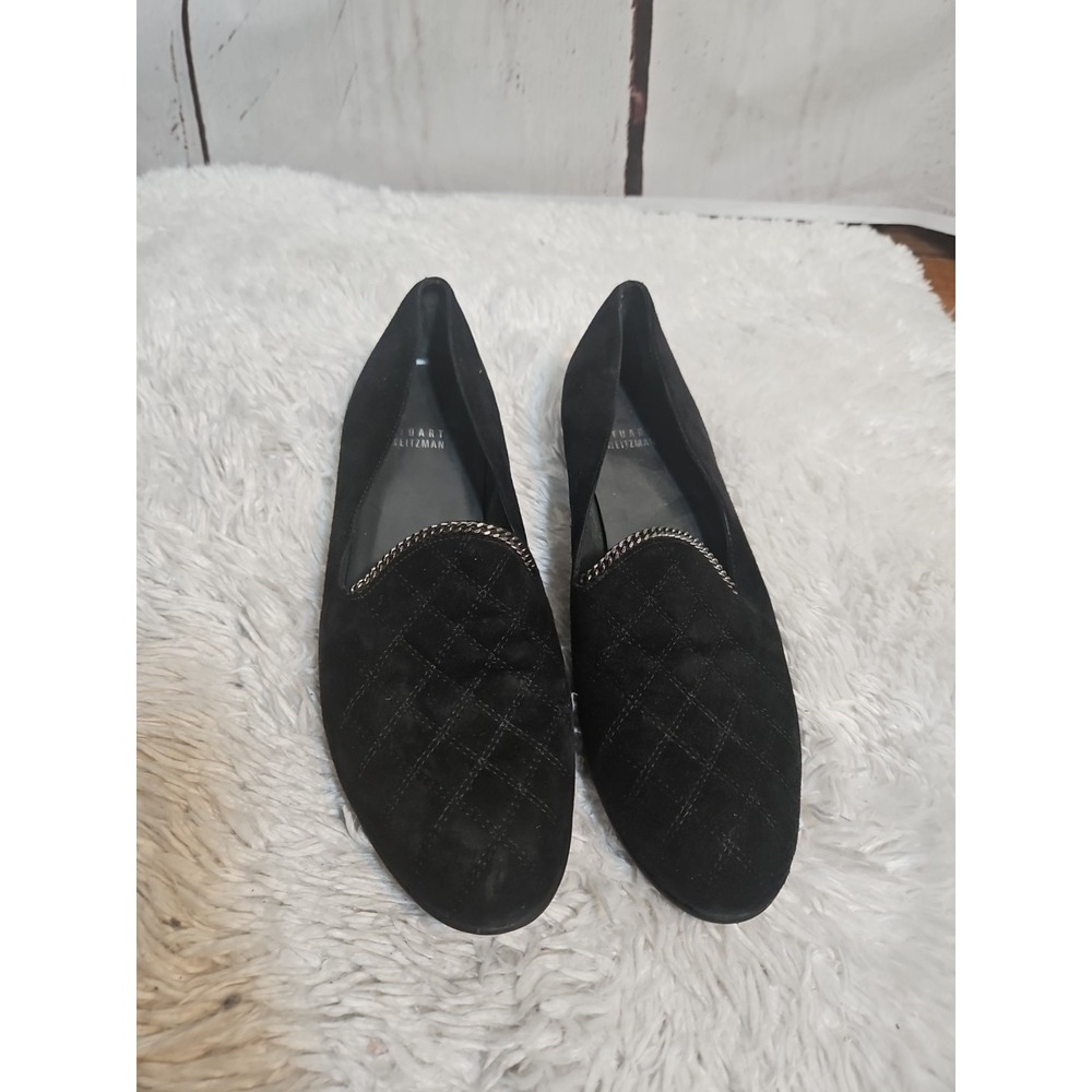 Stuart Weitzman Black Suede Quilted Chain Loafers Flats OW15599  10 M